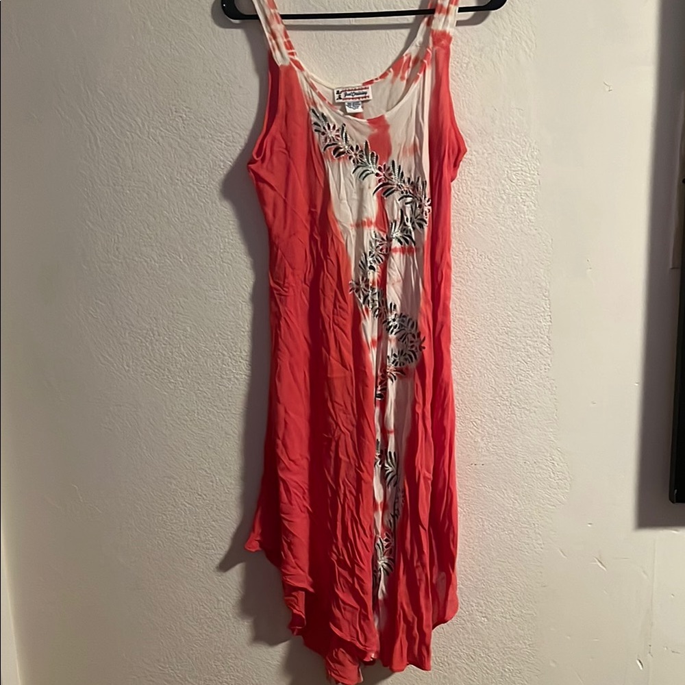 Coral and White Sleeveless Dress with Floral Design
